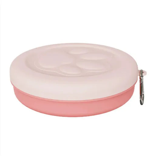 Collapsible silicone dog food and water bowl in pink and green colours, shown in both open and flattened positions