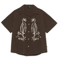 Brown striped outdoor waterproof shirt with Cuban collar, short sleeves, and cardigan style for mountain camping