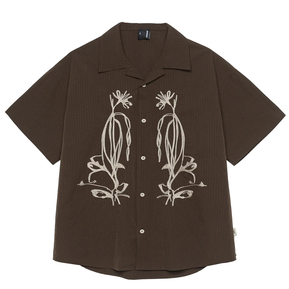 Brown striped outdoor waterproof shirt with Cuban collar, short sleeves, and cardigan style for mountain camping