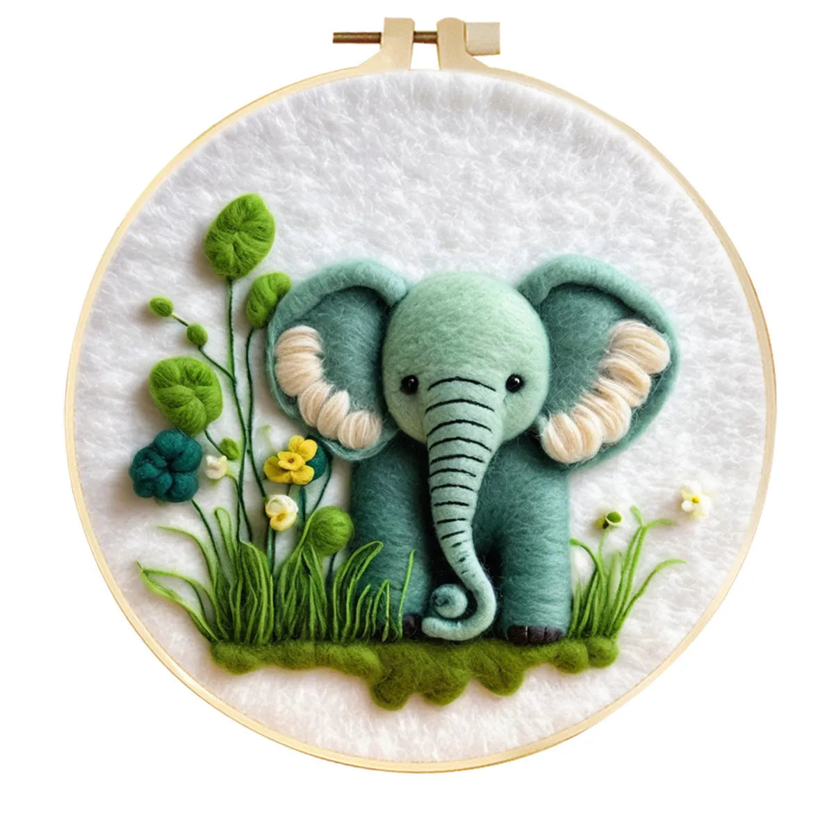Round linen embroidery kit with wool felt materials for three-dimensional floral design