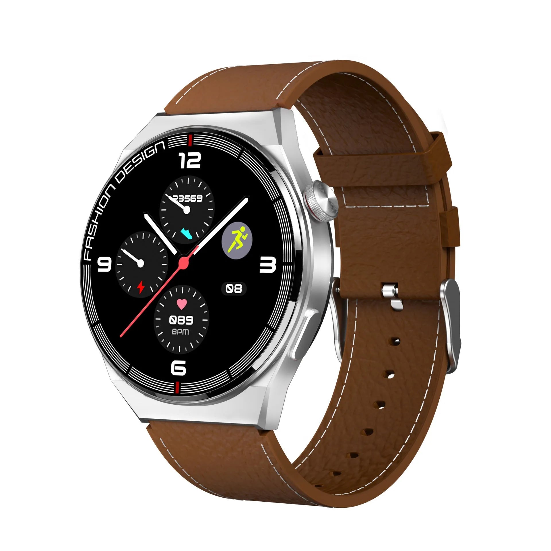 Black smartwatch with circular 46mm dial on a silicone strap, showing a heart rate monitoring display on its screen.