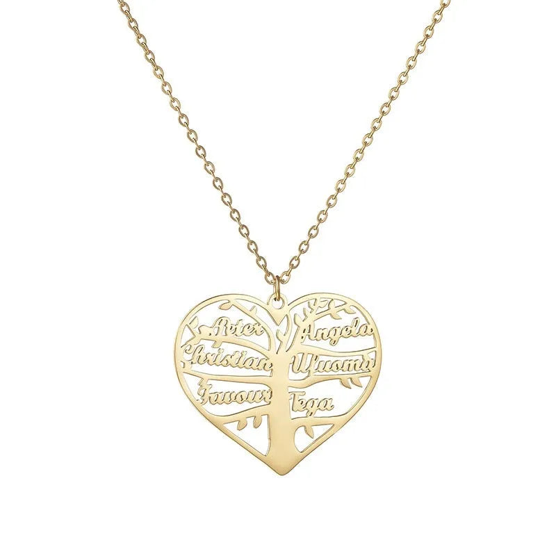 Custom stainless steel necklace with hollow heart lucky tree pendant engraved with names, shown in silver, gold, and rose gold colours.