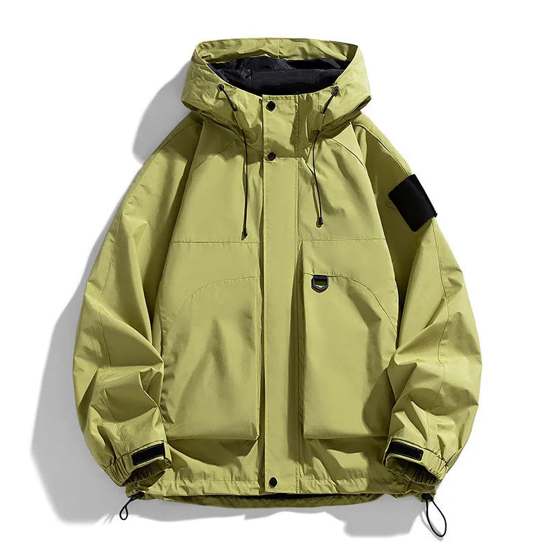 Men's black waterproof windproof hooded jacket showing long sleeves and regular length