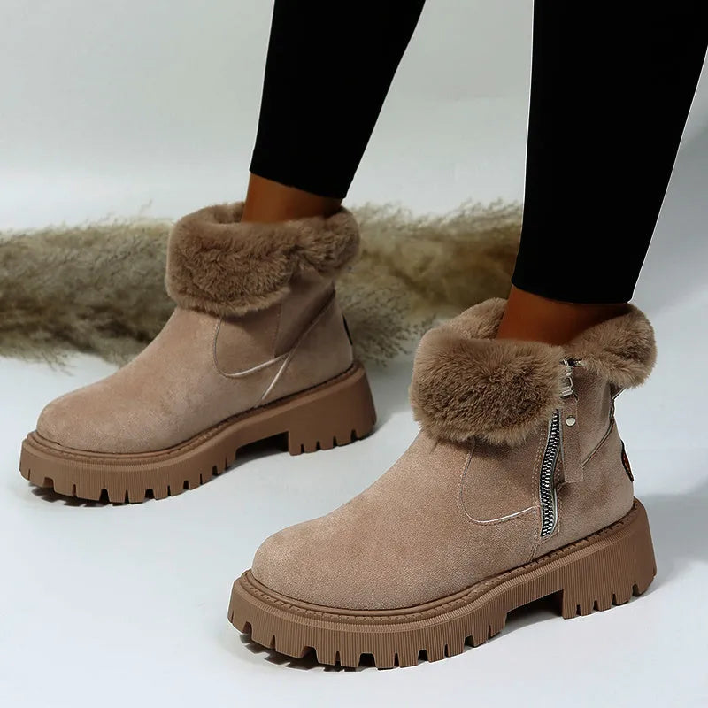 Women's black thick plush snow boot with side zip and faux fur lining