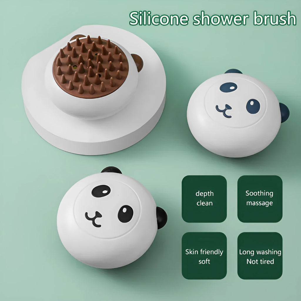 Panda-shaped silicone pet bath brush with soft bristles for cat and dog shower cleaning
