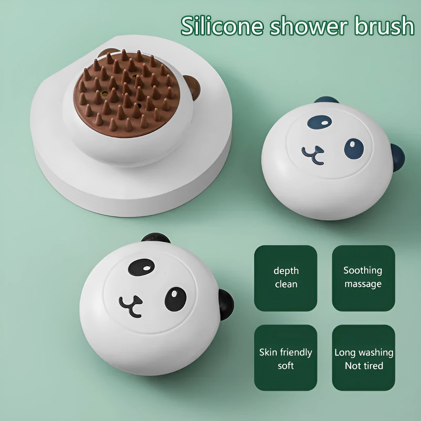 Panda-shaped silicone pet bath brush with soft bristles for cat and dog shower cleaning