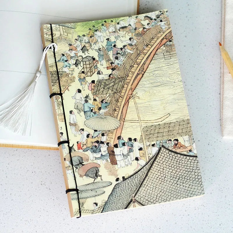 A5 antique wire-bound notebook with retro Chinese painting design on glossy embossed cover