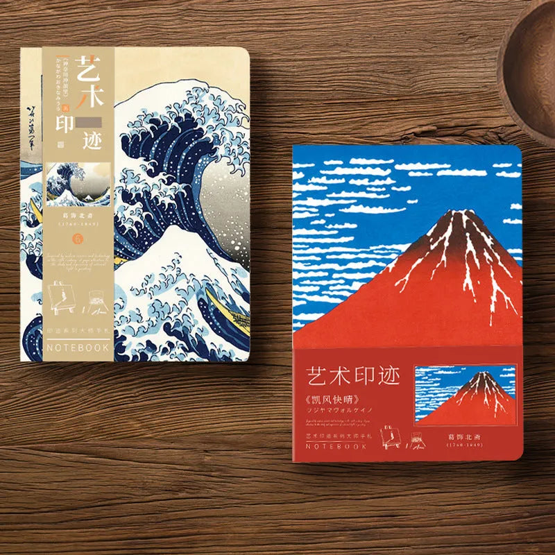 Hardback Ukiyo-e series hand ledger notebook with retro Japanese print cover, open to show 100g paper pages.