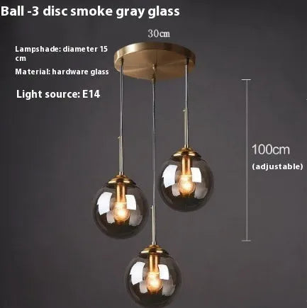 Nordic style modern round glass ball chandelier in clear, amber, smoke grey or platinum glass for living and dining rooms