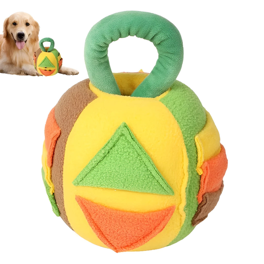 Pink and green plush dog ball toy with treat pockets and squeaker for small to medium dogs