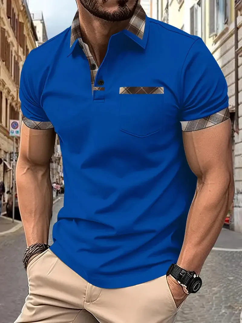 Men's plaid colourblock t-shirt with short sleeves and zipper decoration details