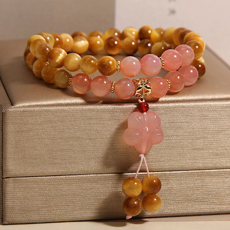 Chinese style tigereye double ring bracelet for women with crystal and pearl embellishments