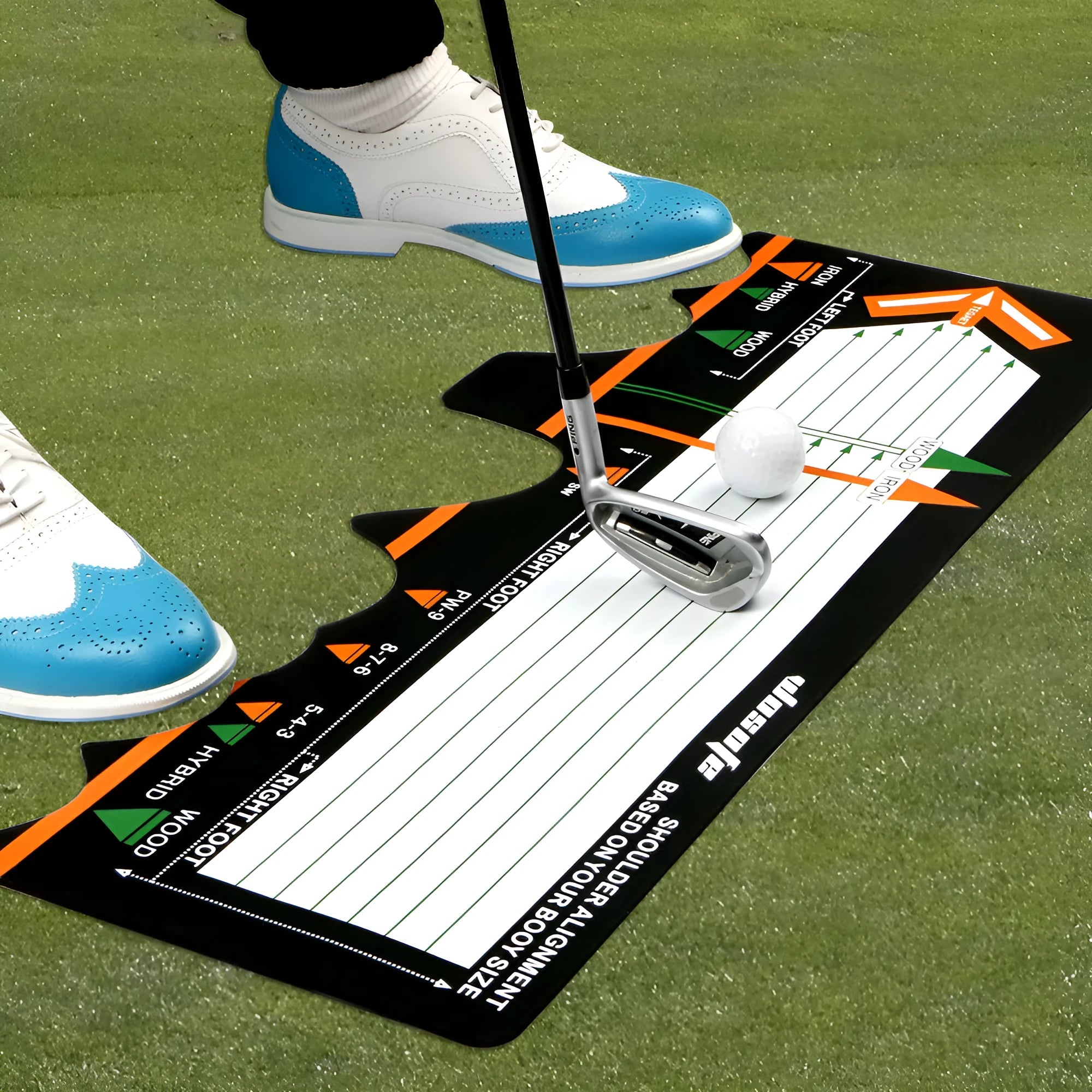Black neoprene golf swing posture correction pad on a green surface