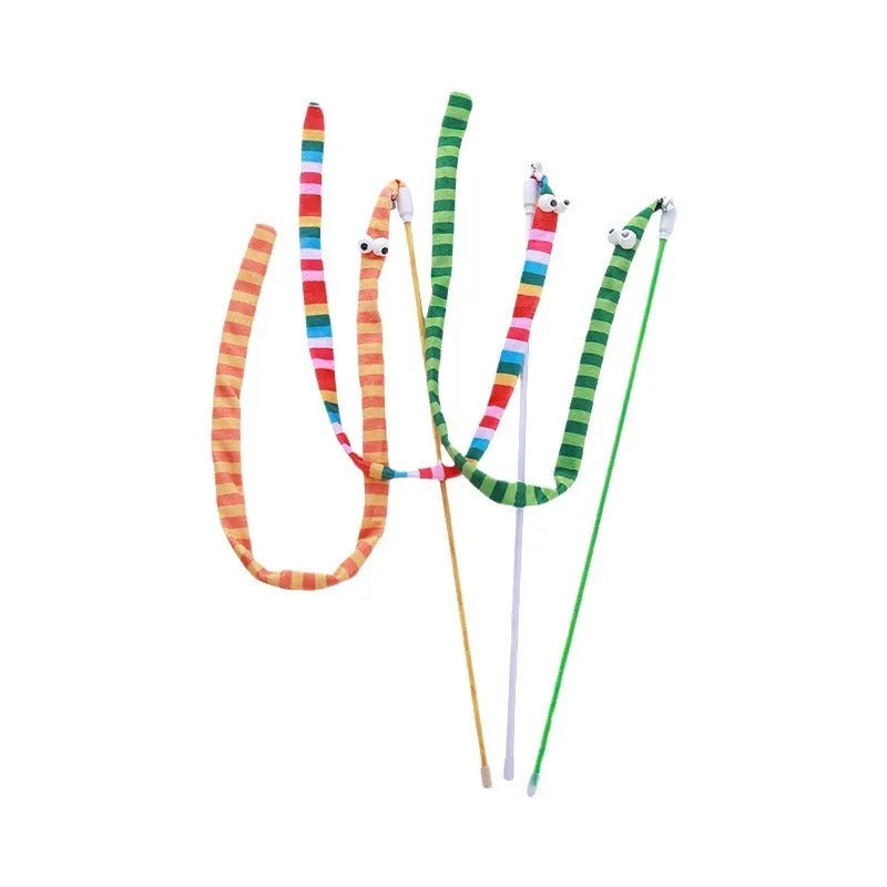 Green cat wand toy with long plush strip on a polycarbonate pole