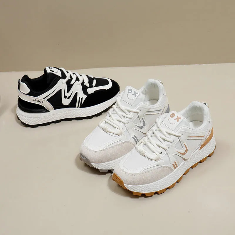 Women's lace-up casual sports shoes in artificial PU with cotton lining, round toe and flat heel design