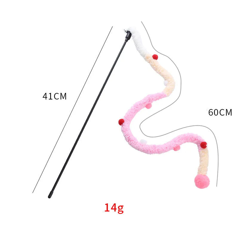 Blue interactive cat wand toy with a long plush strip, fluffy ball, and bells on a 41cm pole.
