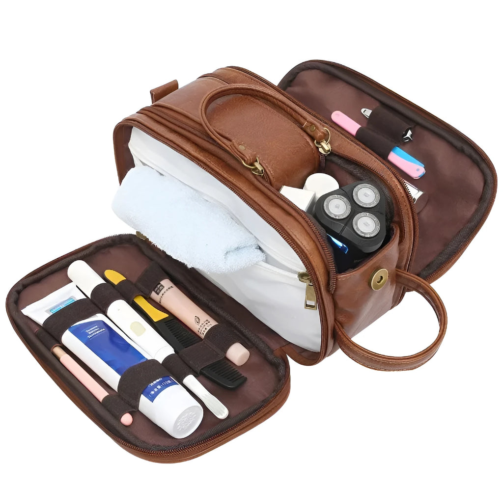 Black and brown men's PU leather toiletry bag with zip closure.