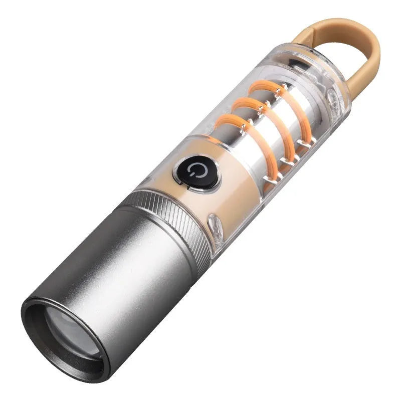 Orange 10W LED flashlight with dual light sources, optical zoom, and hanging hook