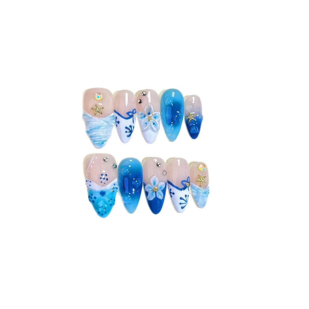 Blue hand-painted carved summer ice transparent false nails in plastic wearable armour