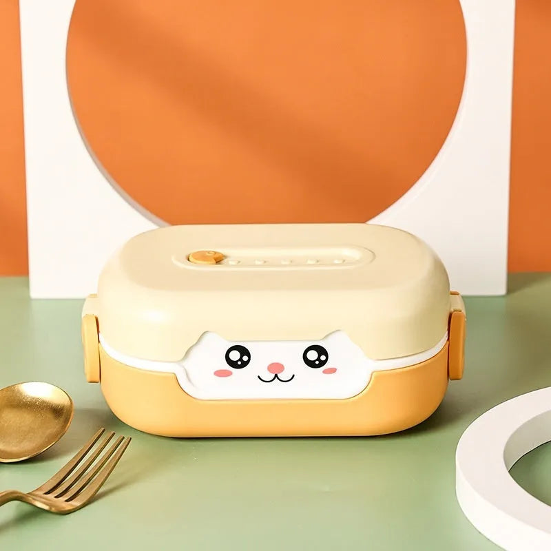 Square divided plastic lunch box in dark blue, orange yellow, or pink and green colours with cartoon style