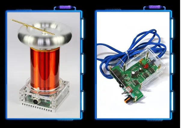 Arc extinguishing SSTC Tesla coil driver board with controller and connection cables on a dark surface.