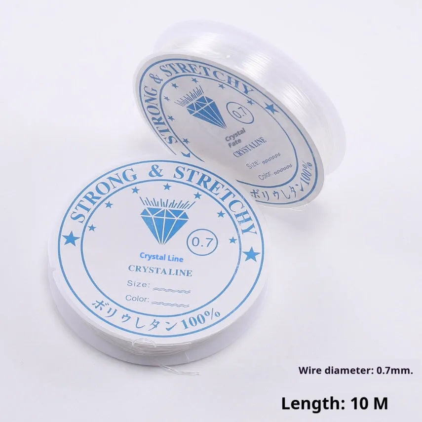 Spool of transparent white elastic thread with six diameter options shown for DIY crafts.