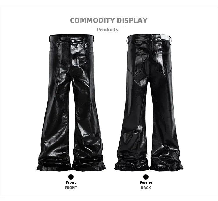 Black shiny patent leather coated skinny jeans with straight-leg design on cotton denim