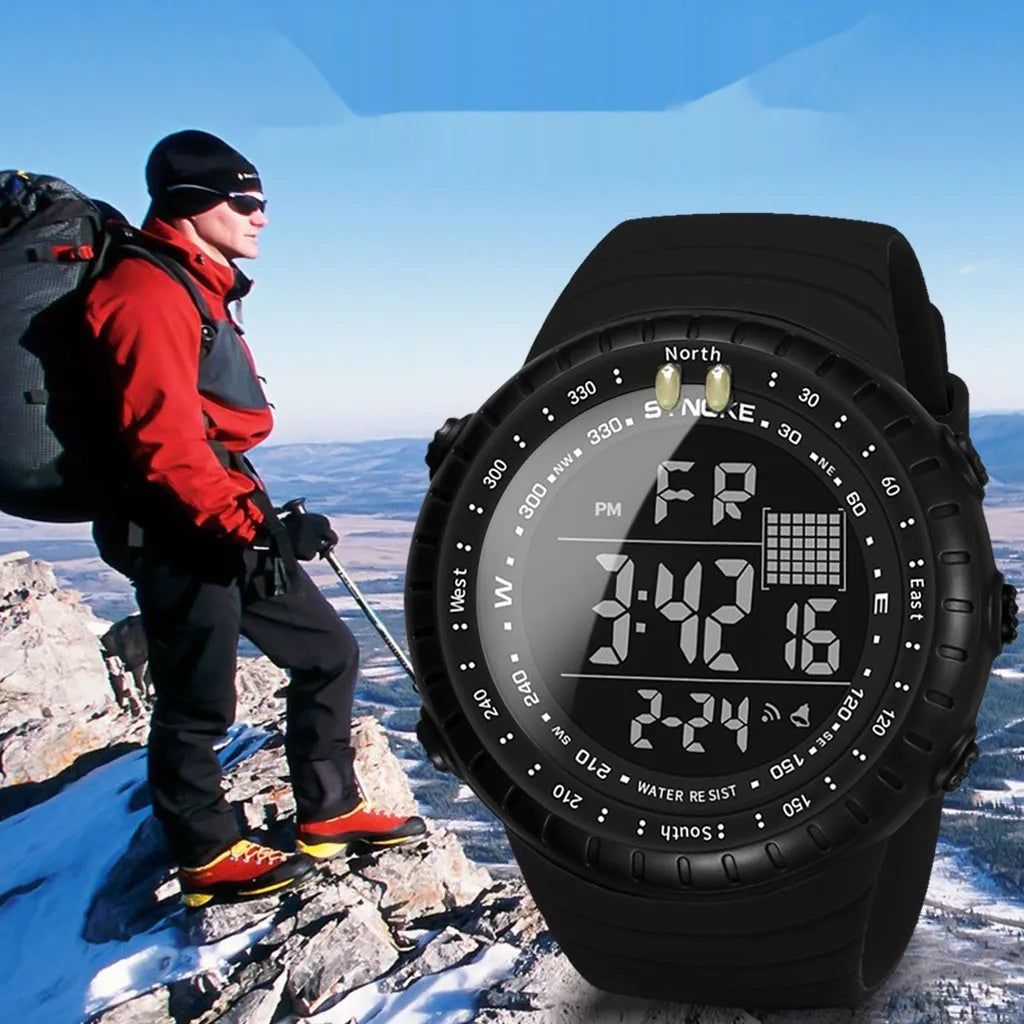 Black men's outdoor digital watch with large dial showing WR50M waterproof rating and adjustable PU strap