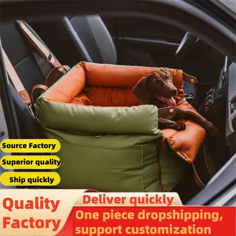 Green waterproof dog car nest with removable washable cover on a car seat
