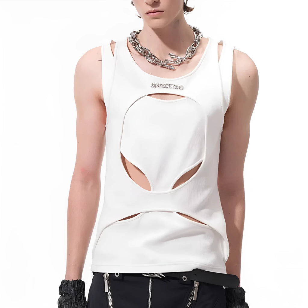 Men's black sleeveless waistcoat vest with a round neck and hollow white thread knit construction