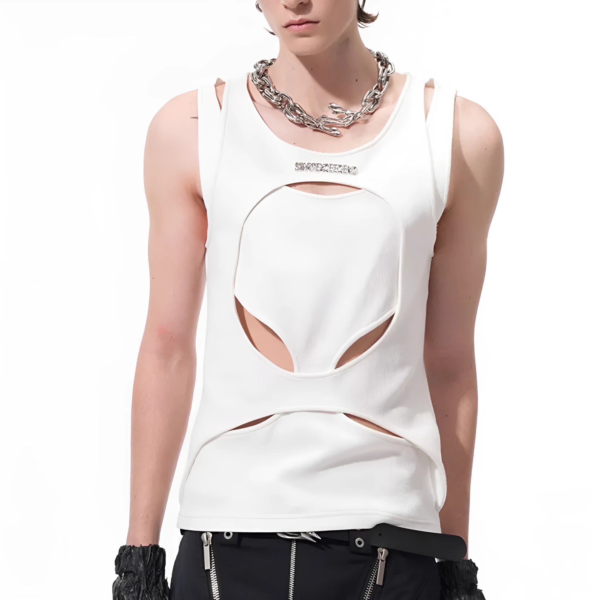 Men's black sleeveless waistcoat vest with a round neck and hollow white thread knit construction