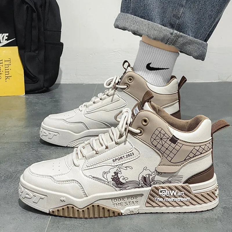 Men's high-top board shoes in beige with white and blue accents, lace-up design with rubber sole