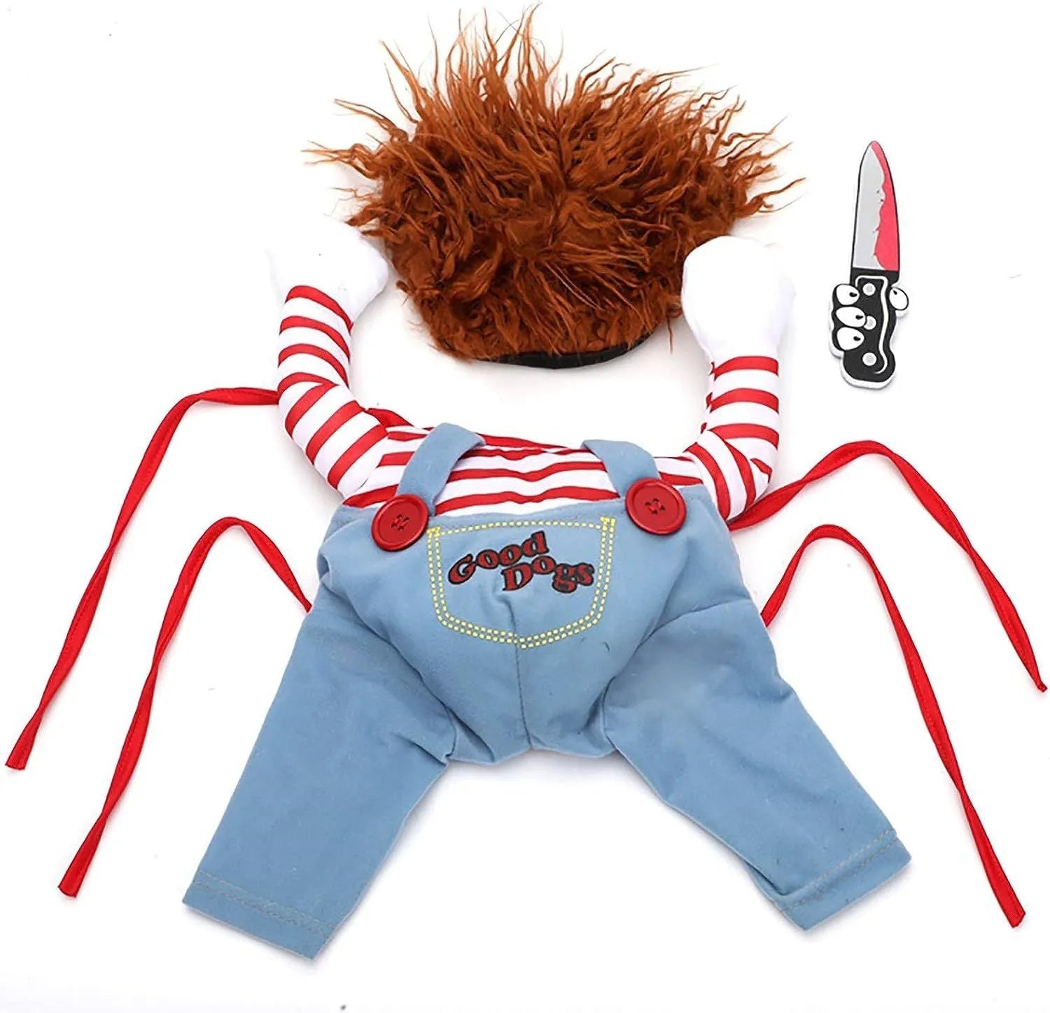 Striped Halloween harness pants costume for dogs and cats with toy knife accessory