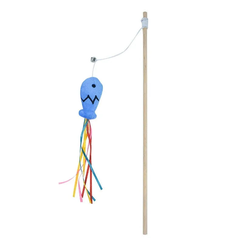 Cat wand toy with wooden handle showing colourful ribbons, catnip fish and bell attachments for interactive feline play