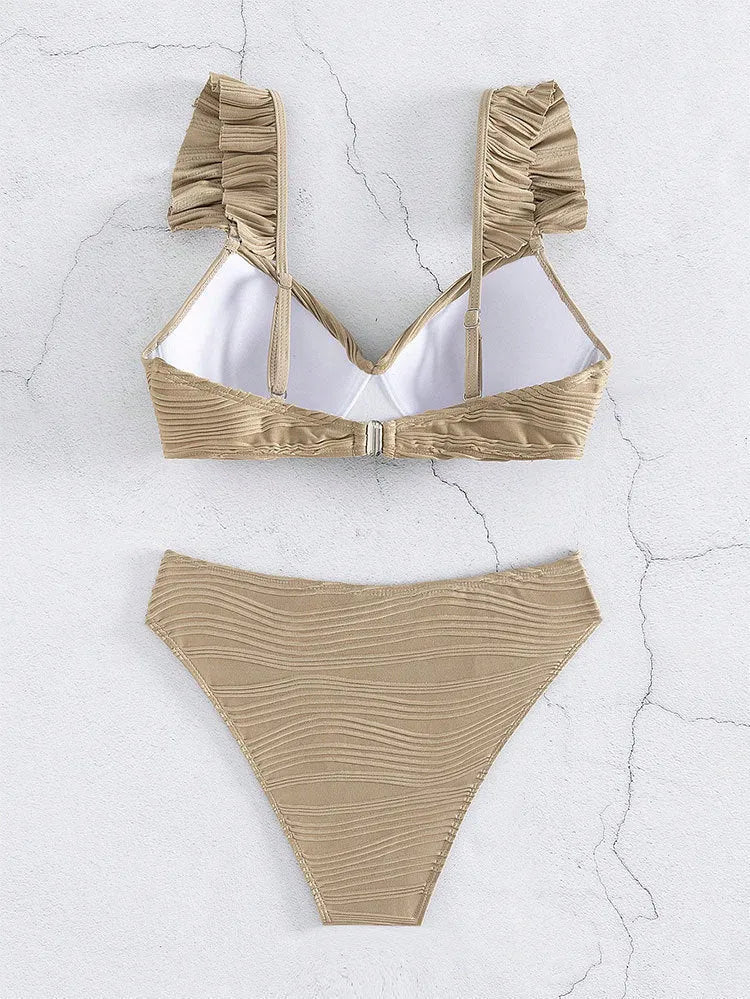 Women's solid colour bikini swimsuit in polyester fabric showing black and khaki colour options