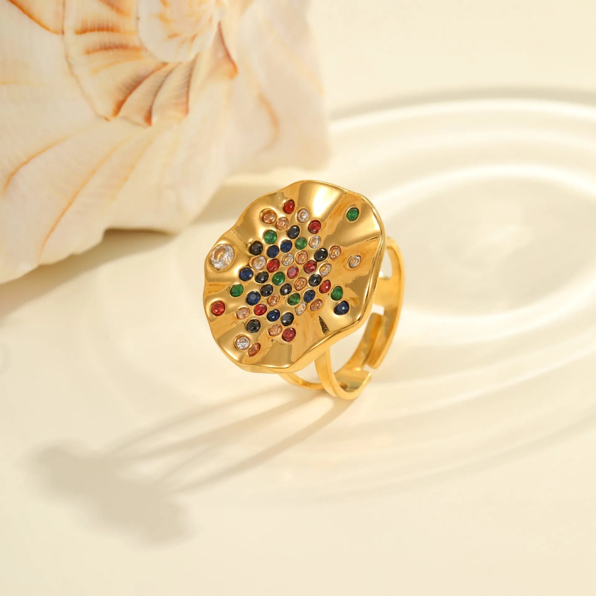 Pleated titanium steel ring with inlaid colour crystals, showing geometry design and adjustable open mouth