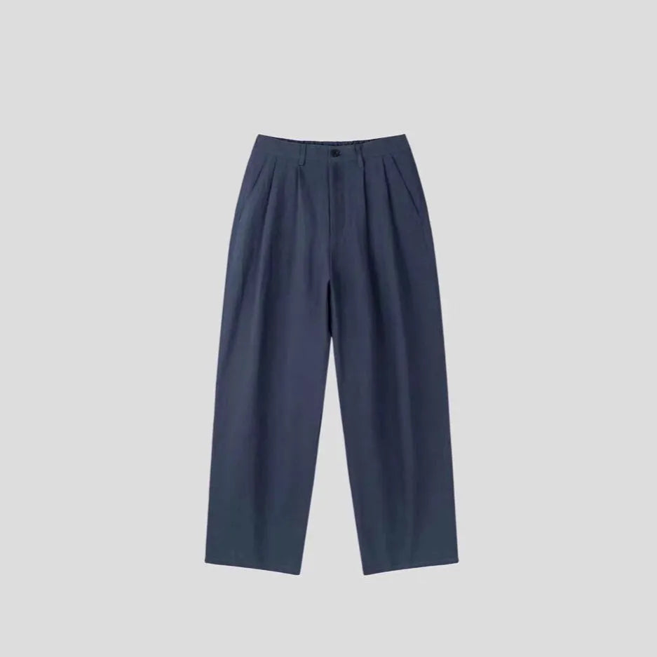 Men's wide-leg cotton linen trousers in apricot colour with elastic waist and pencil leg opening