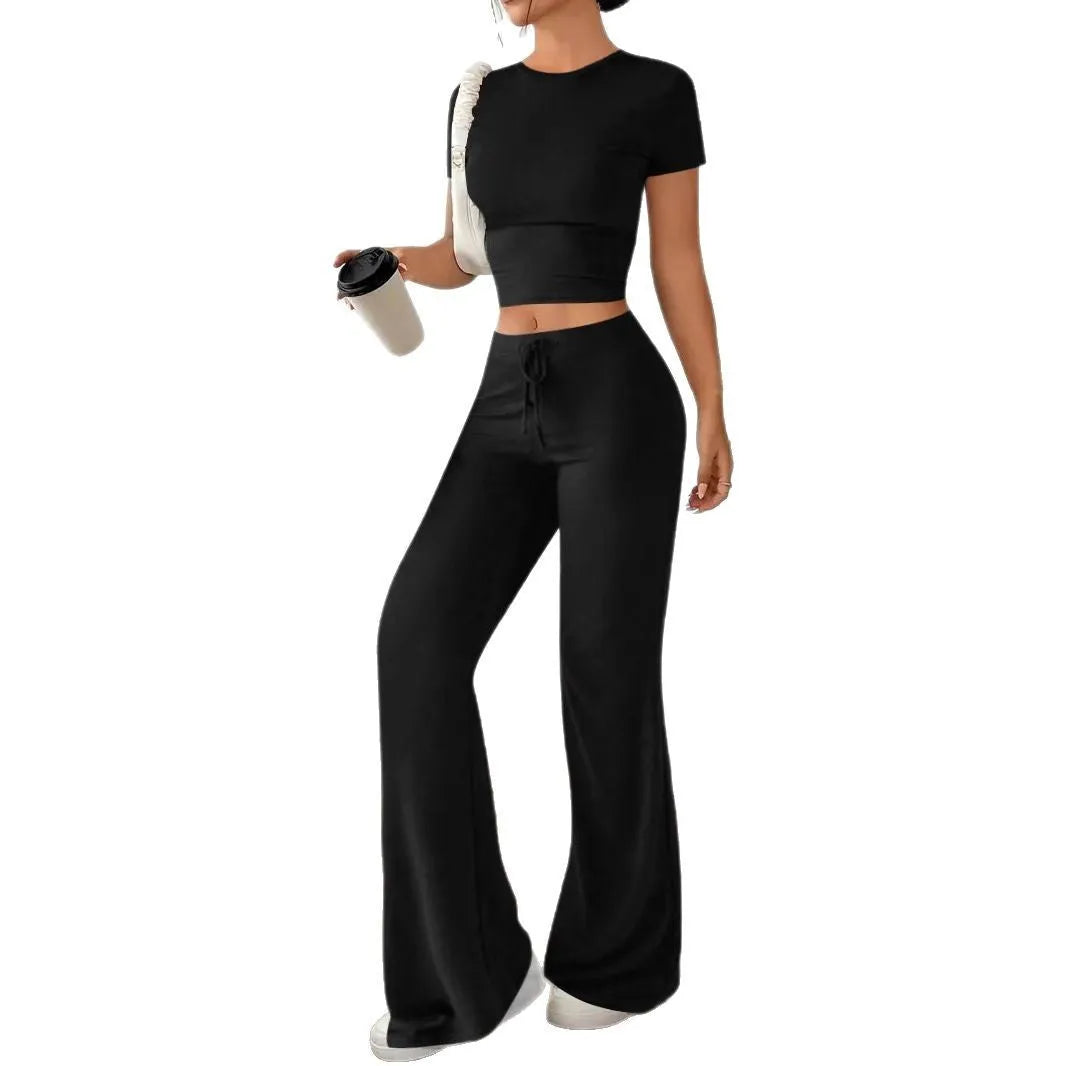 Black high waist polyester trousers with matching short sleeve t-shirt top women's suit set