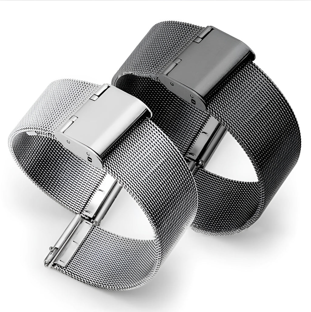 Milani silk woven stainless steel watch band showing natural texture and metallic finish