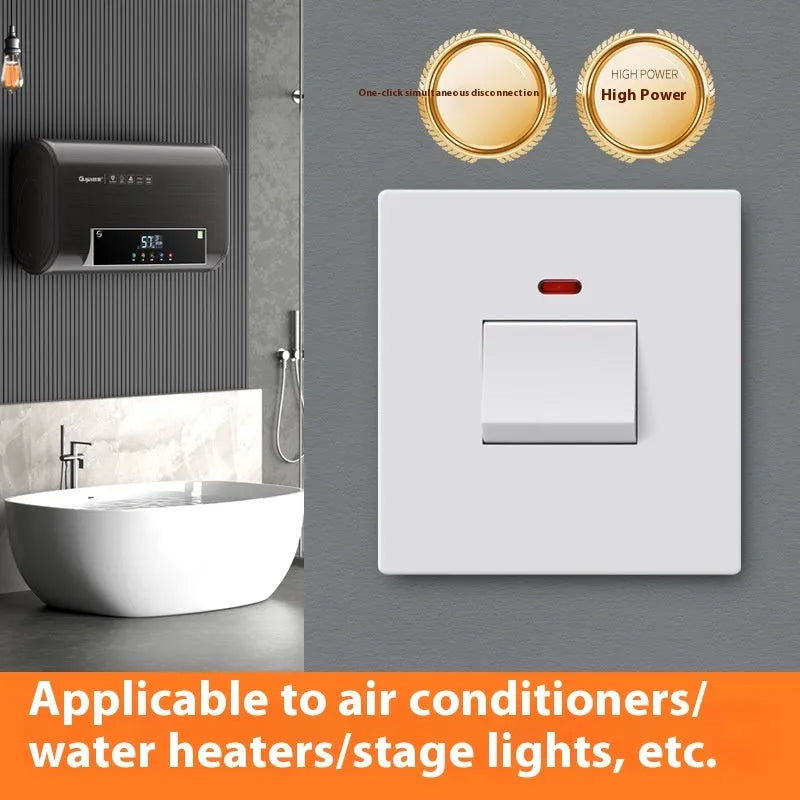 High-current illuminated switch socket for water heaters and air conditioners in gold, grey or white