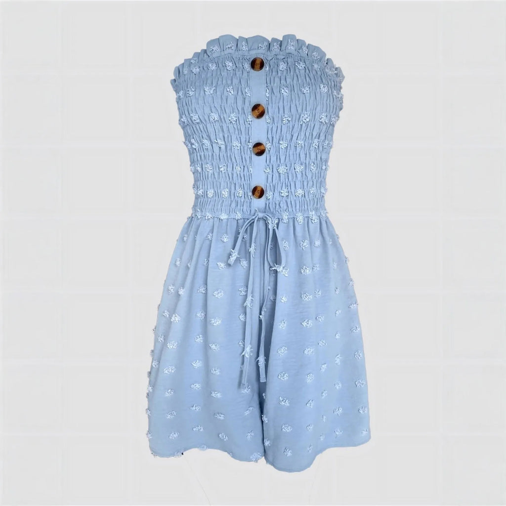 Women's blue off-the-shoulder jumpsuit with sleeveless design and button details