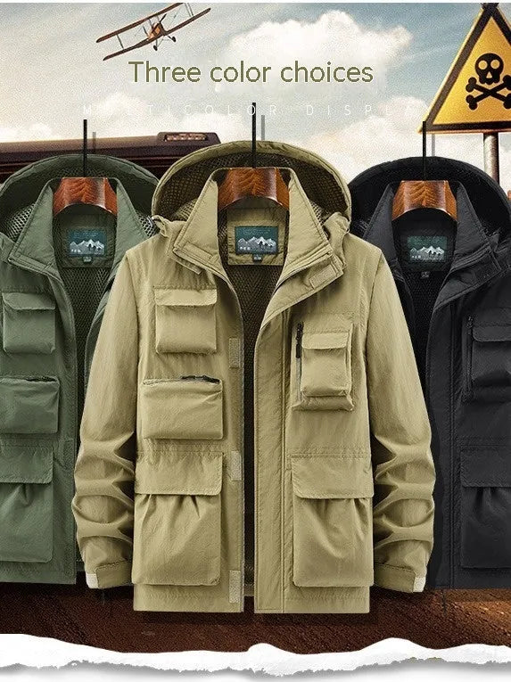 Outdoor shell jacket overalls jacket in khaki with patch pockets, nylon blend, Japanese-style cut