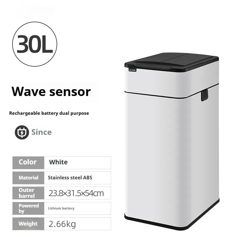Square inductive sensor bin with automatic lid and deodorant system in stainless steel finish