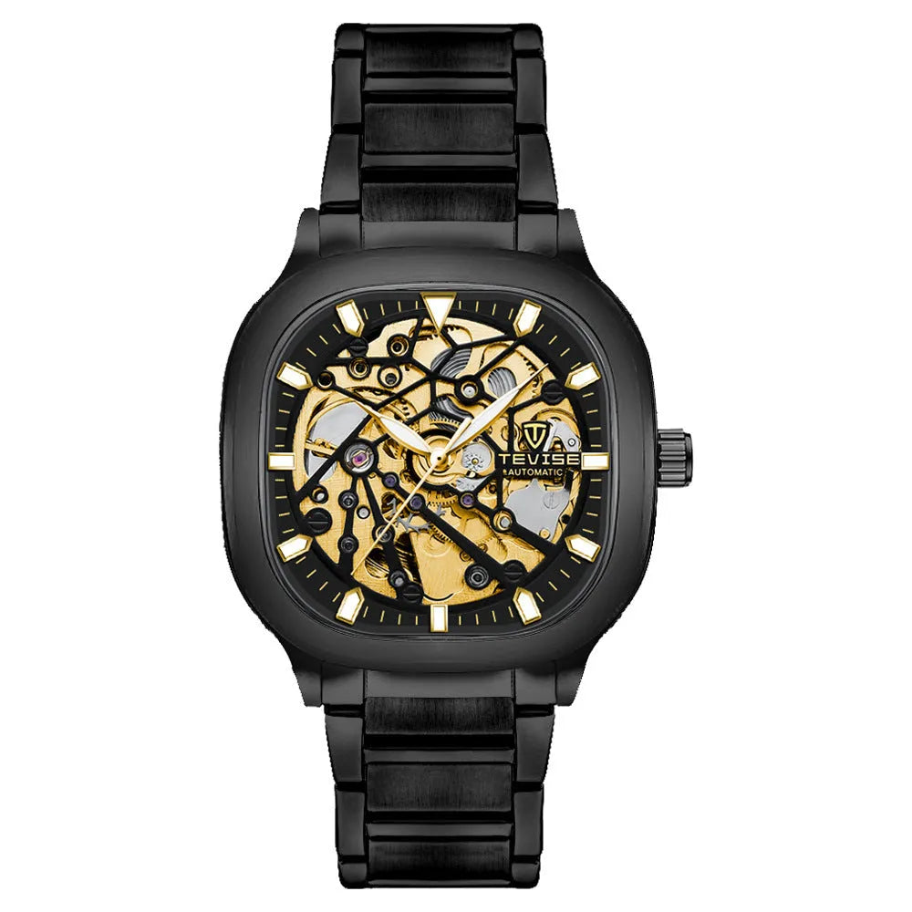 Men's square hollow automatic watch with luminous hands and stainless steel strap