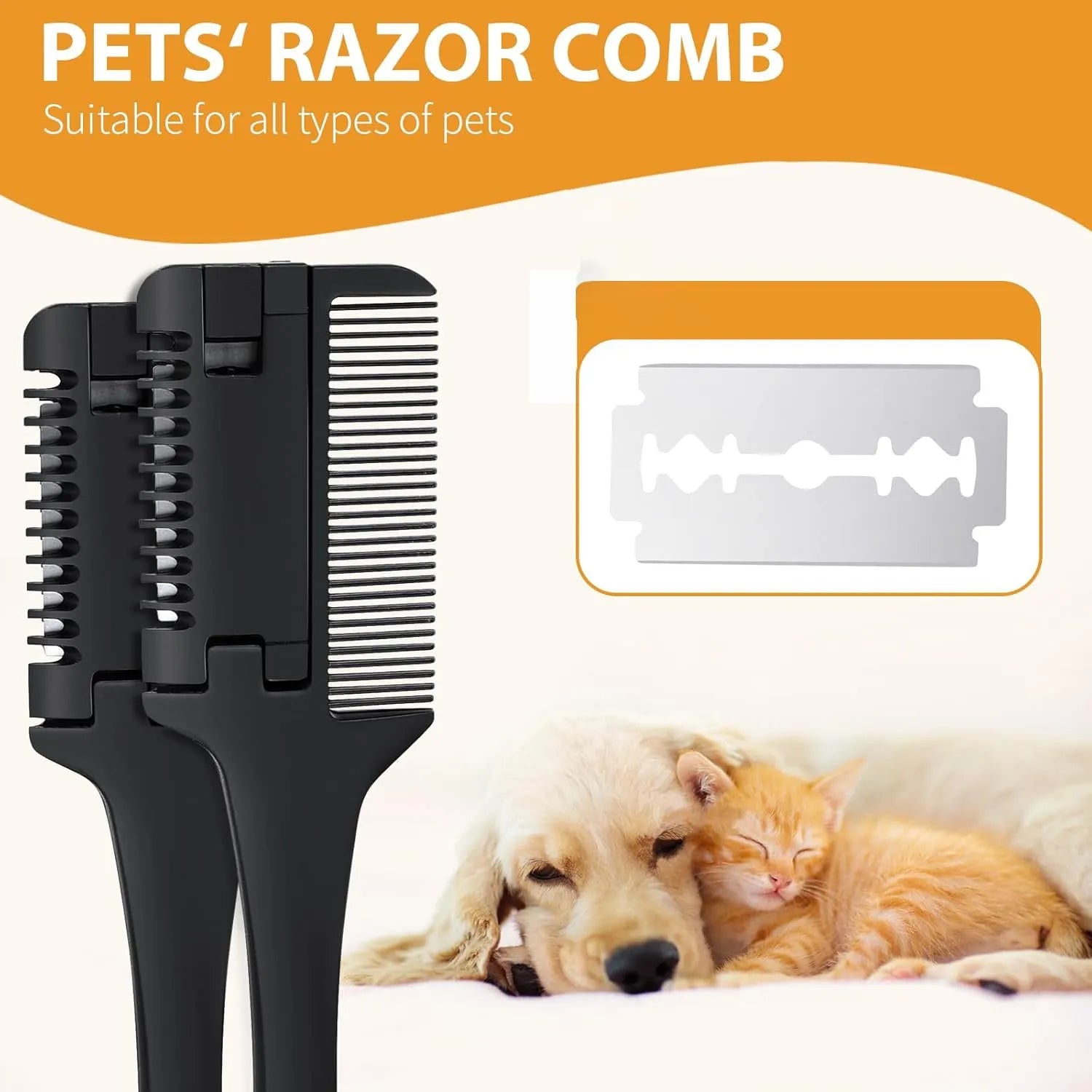 A 2-in-1 razor comb for grooming dogs and cats, shown with replacement blades.