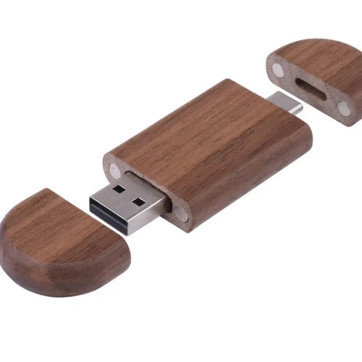 Carved wooden box-shaped USB flash drive with TYPE-C phone connector on display