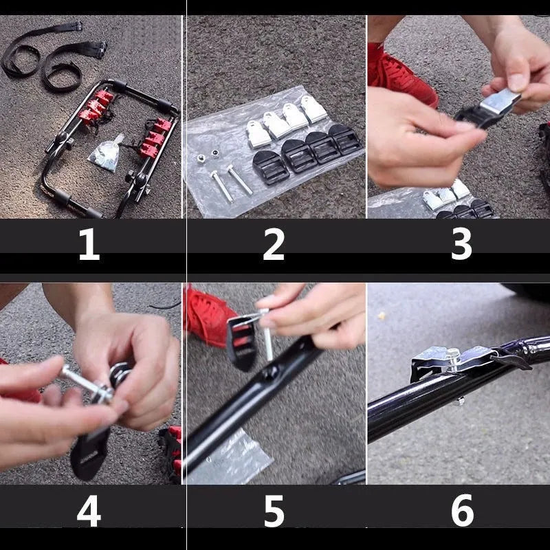 Black and red trunk mounted car bike rack with sponge padding, showing either tie rope or pull belt fastening.