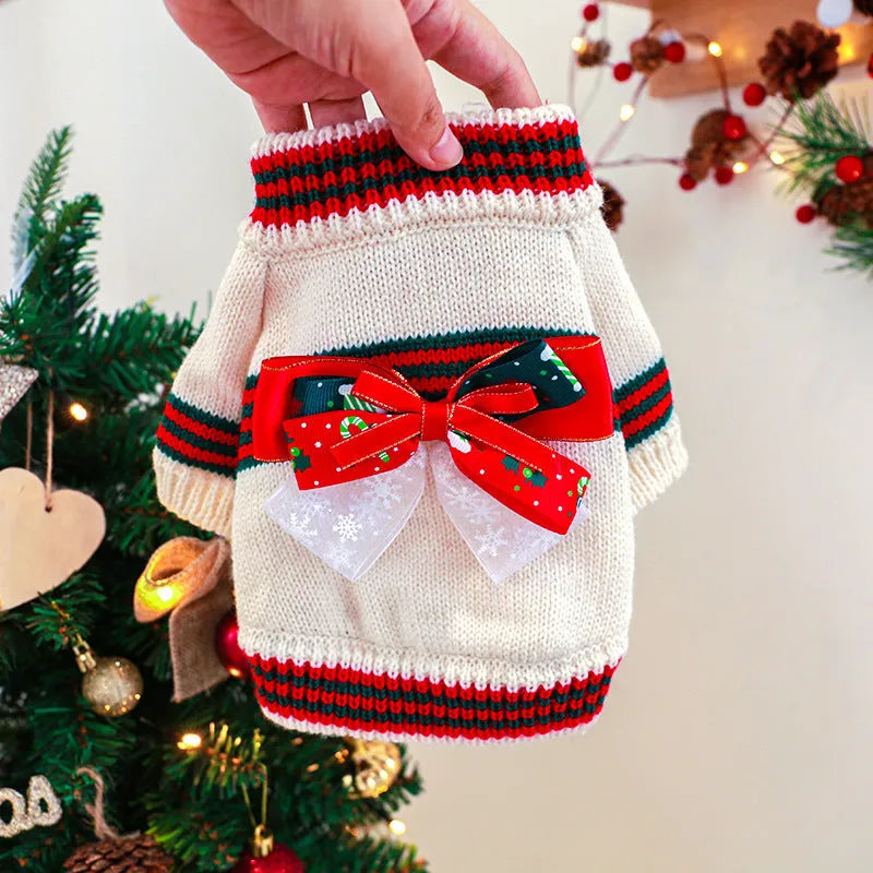 Green Christmas pet sweater for a small dog on a festive background.