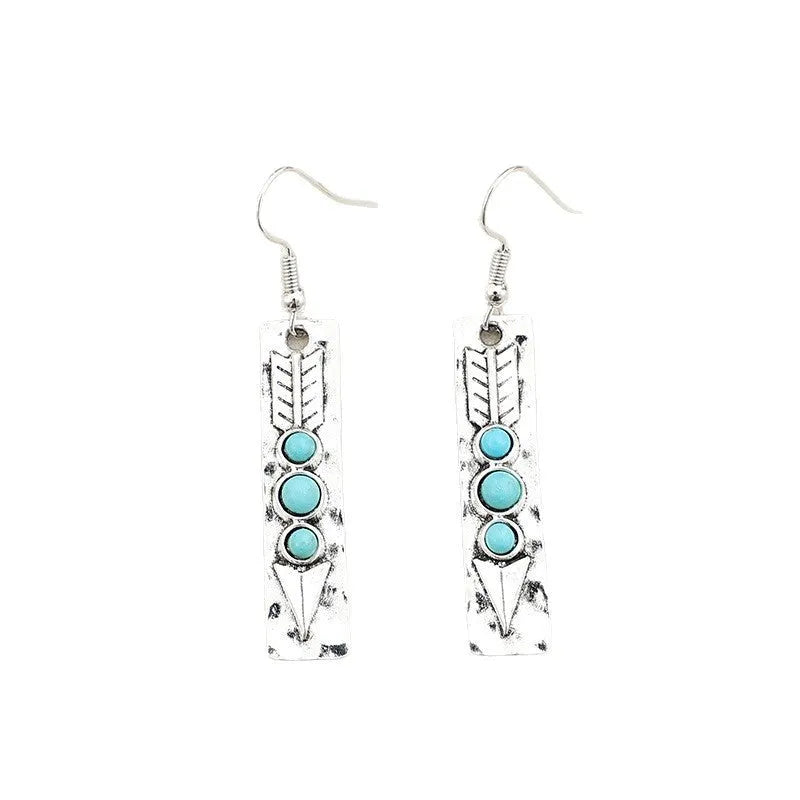 Women's geometric alloy earrings with turquoise inlay and silver electroplated finish