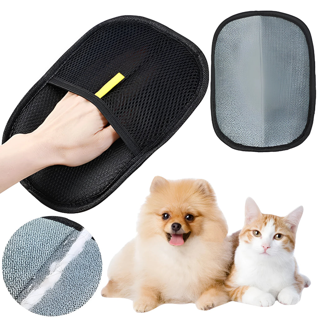 Black pet hair removal glove with silicone bristles for deshedding dogs and cats